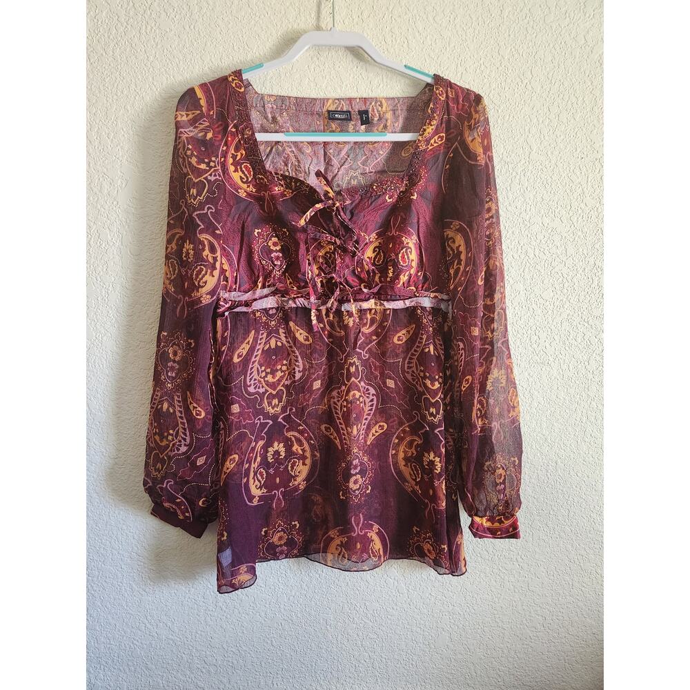 Cruel Girl Women's Paisley Semi Sheer Lace Up Tunic- Medium